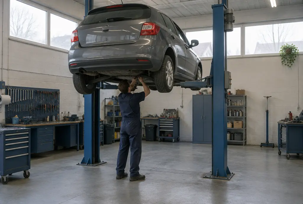 Monteur in een blauwe overall werkt onder een grijze auto op de brug