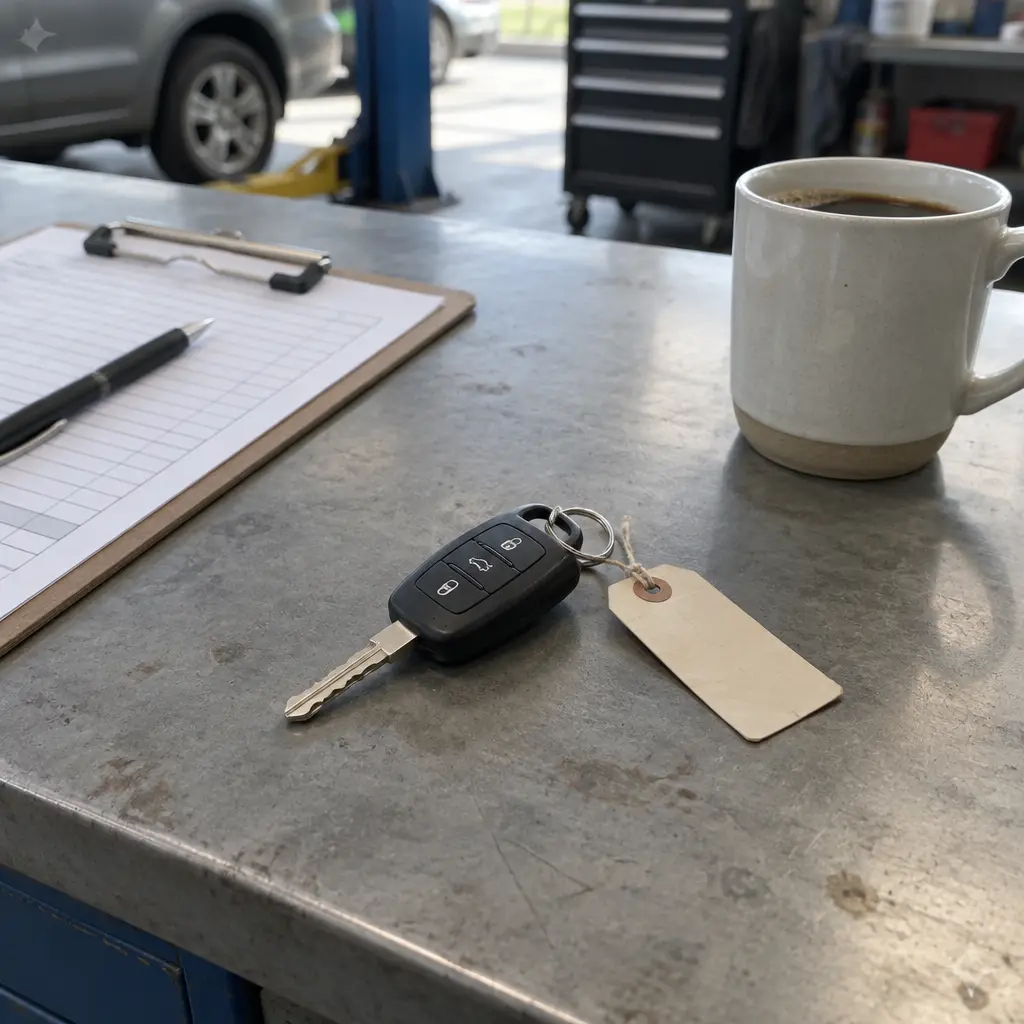 Autosleutel met label op de balie naast een klembord